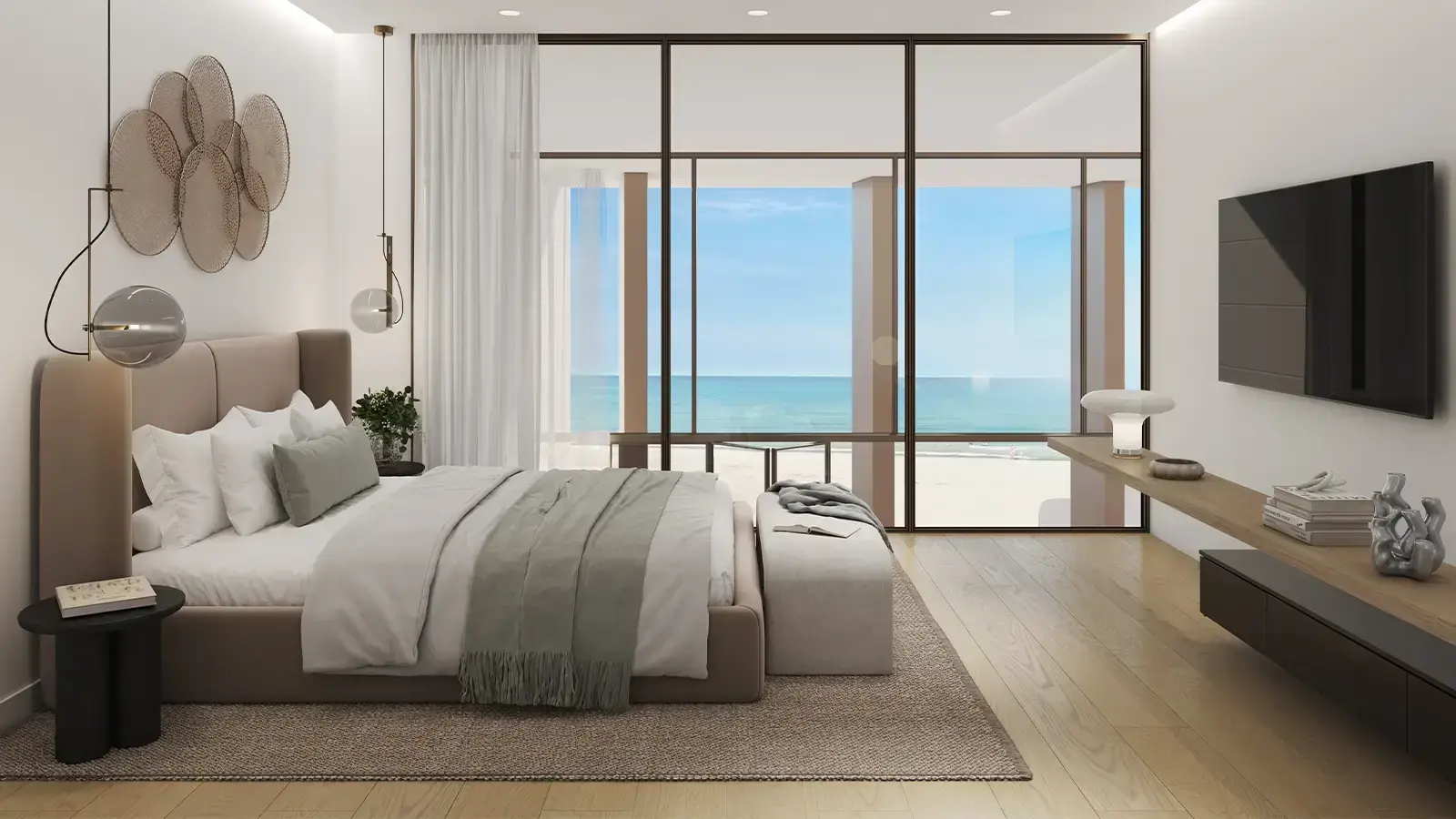 Beach House – bedroom with upholstered bed and full-height windows overlooking the sea