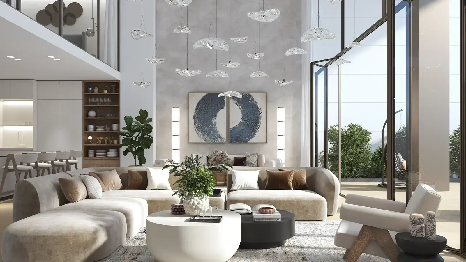 Beach House – double-height lounge with curved sofas, suspended lighting and open kitchen