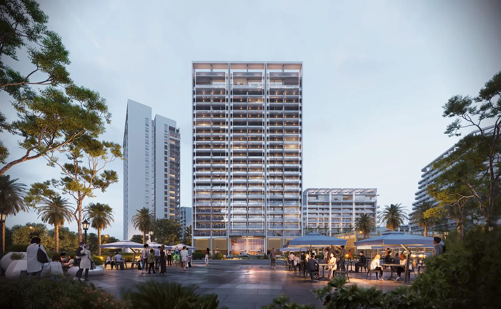Cape Hayat – residential tower behind an outdoor plaza with dining and seating