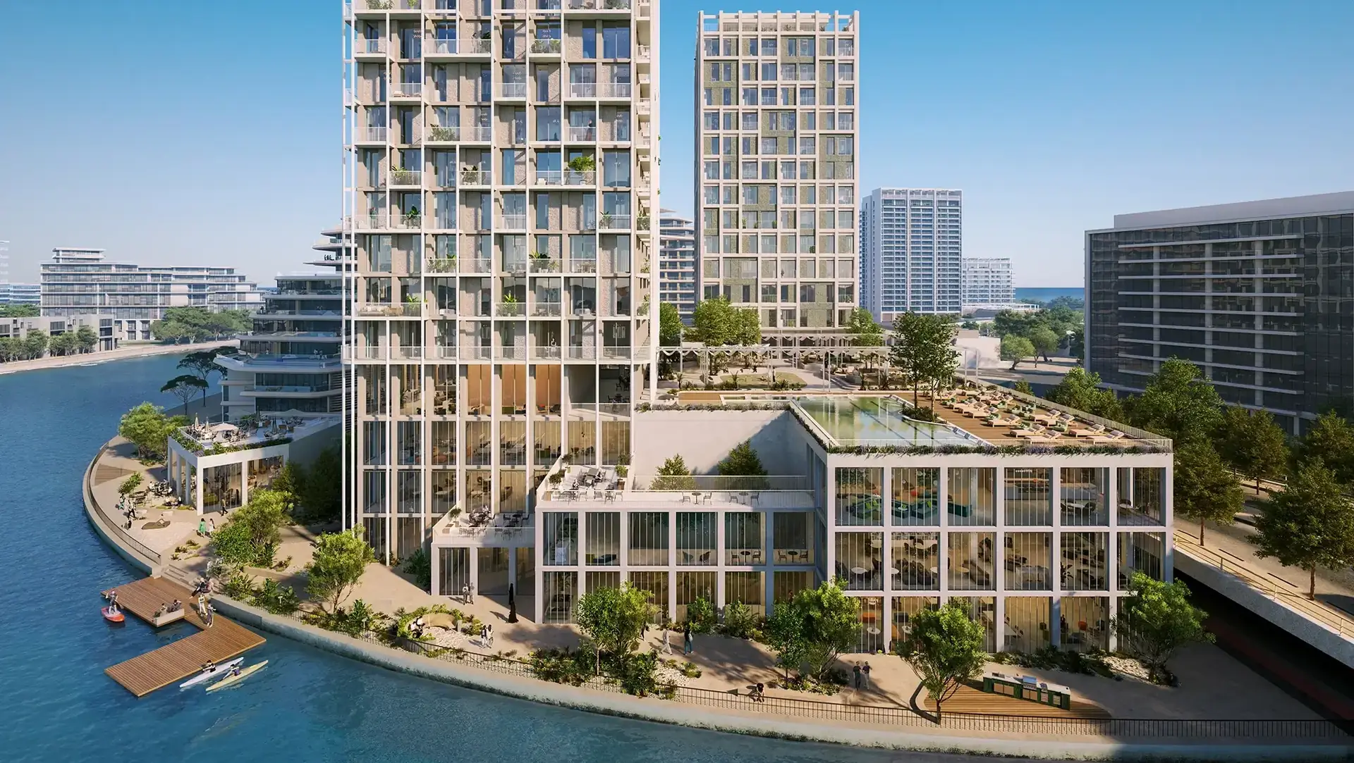 Enta Mina – tower and podium on a landscaped waterfront with a jetty