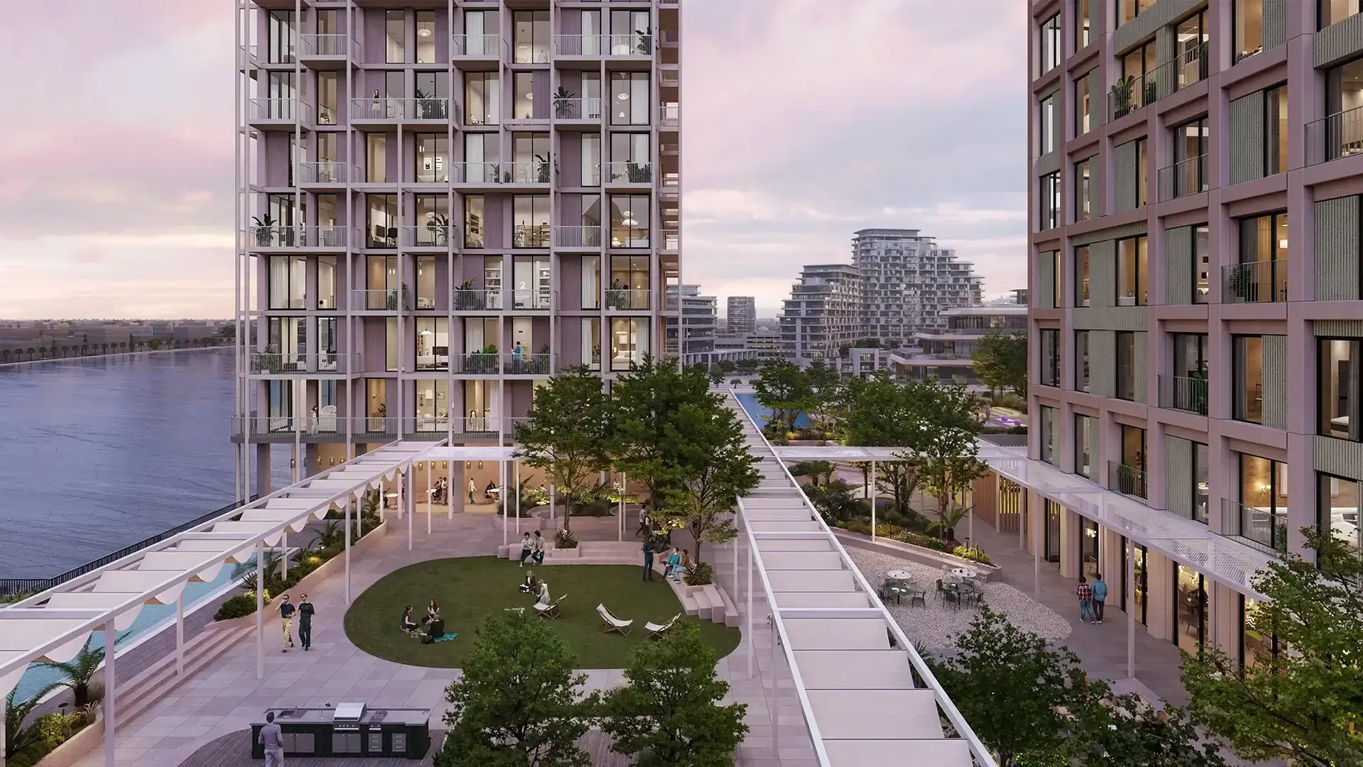 Enta Mina – podium garden with lawn and pergolas between towers by the water