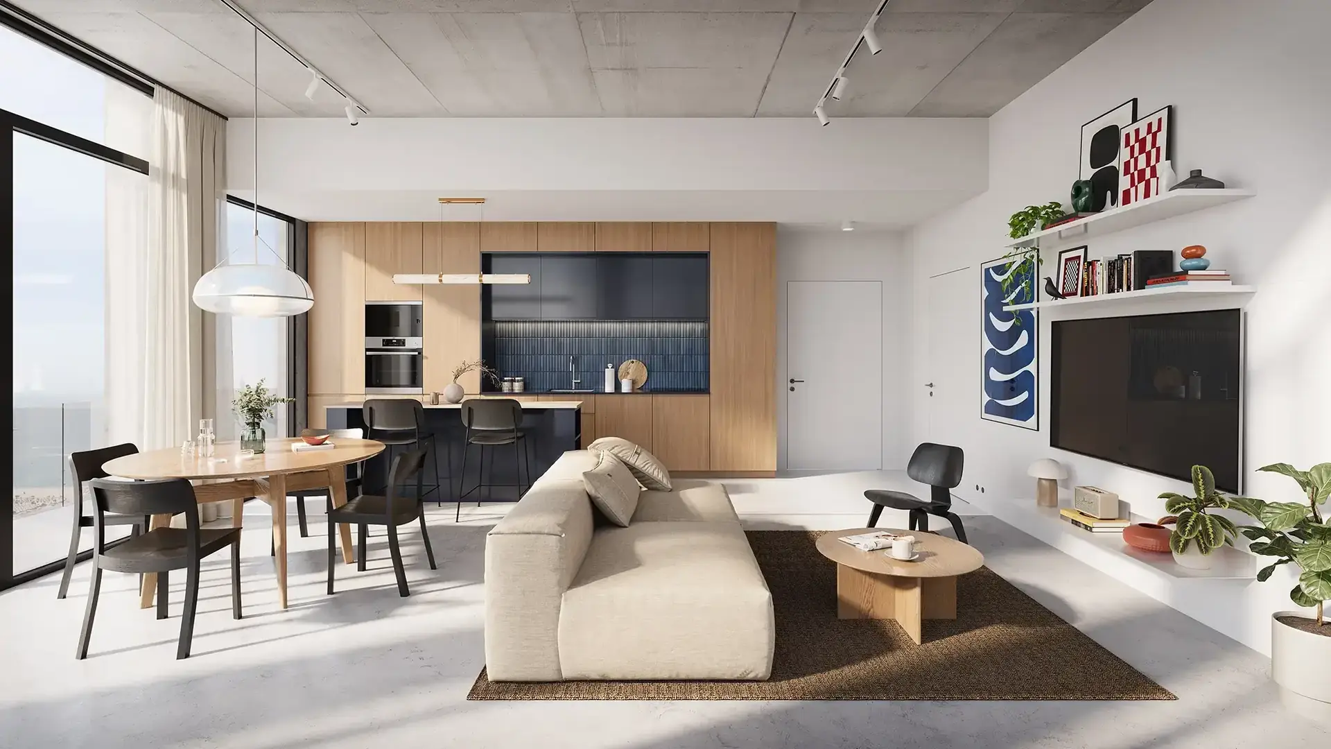 Enta Mina – open-plan living room with dining area, kitchen and TV wall