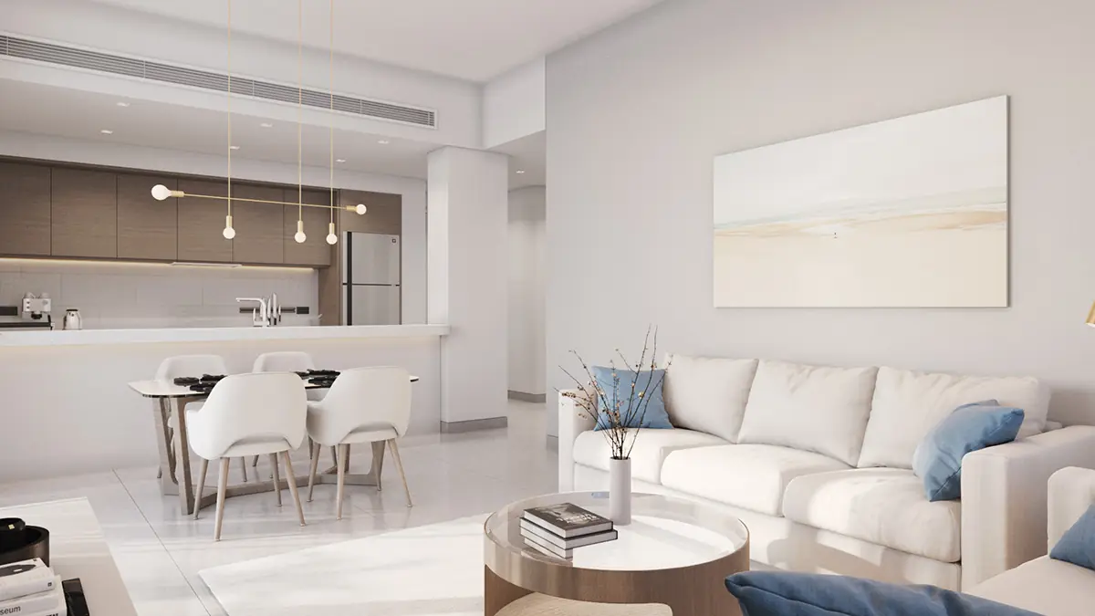 Gateway Residences II – living room with sofa and dining table in front of an open kitchen