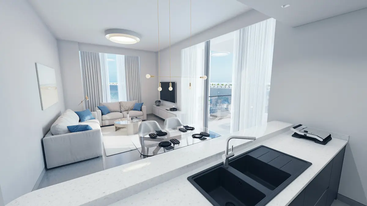 Gateway Residences II – open-plan living and dining area seen from the kitchen sink