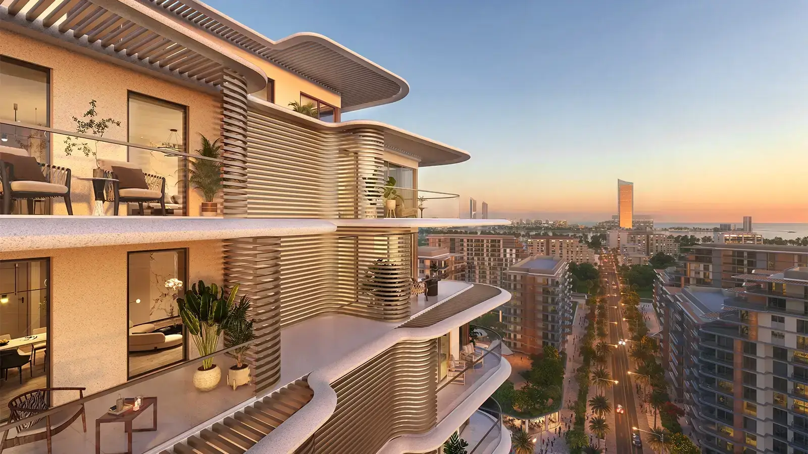 Lunara – curved balconies overlooking a palm-lined boulevard and the sea at sunset
