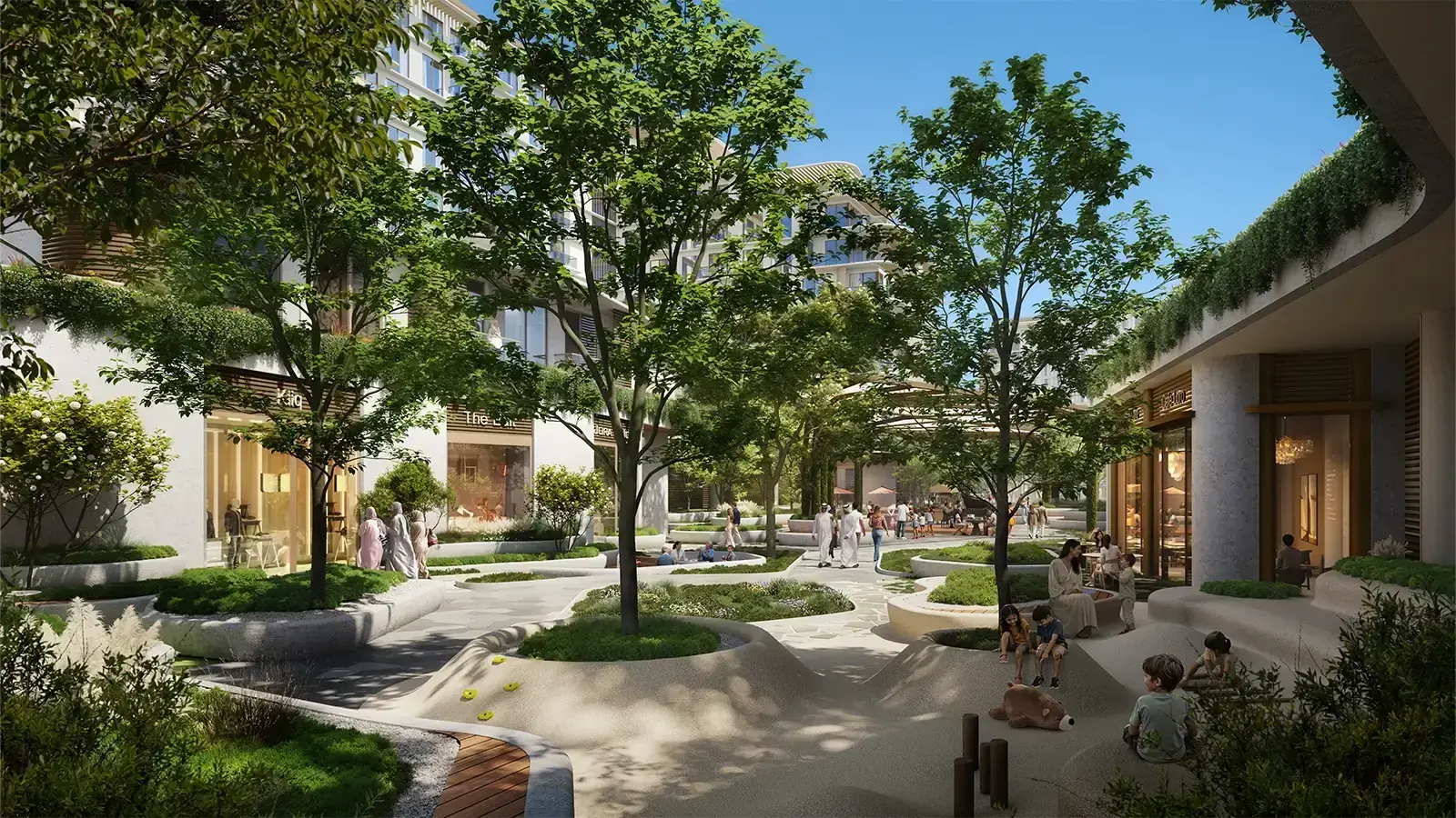 Lunara – shaded garden courtyard with trees, seating and walkways between buildings