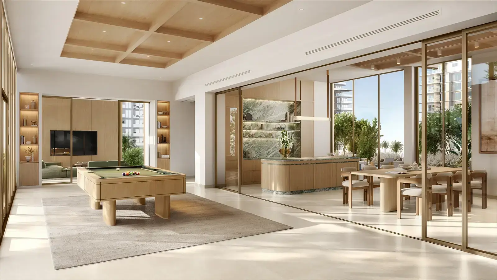Lunara – residents' lounge with billiard table, dining area and floor-to-ceiling glazing