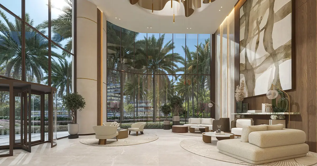 Mirasol II – double-height lobby with lounge seating and palm views