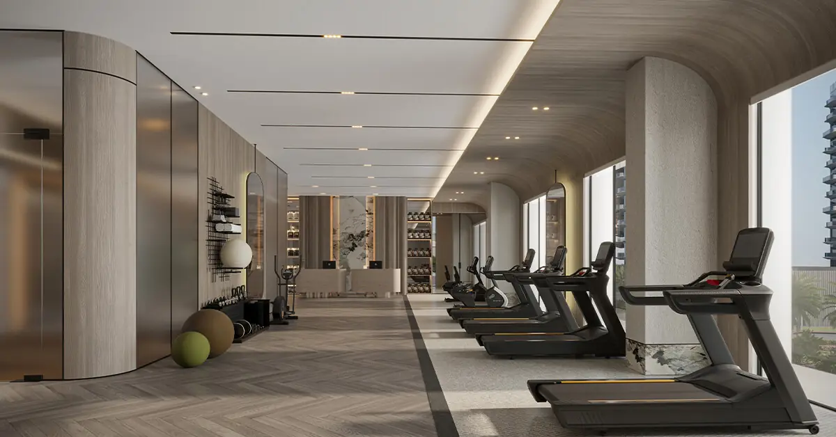 Mirasol II – gym with a row of treadmills along floor-to-ceiling windows