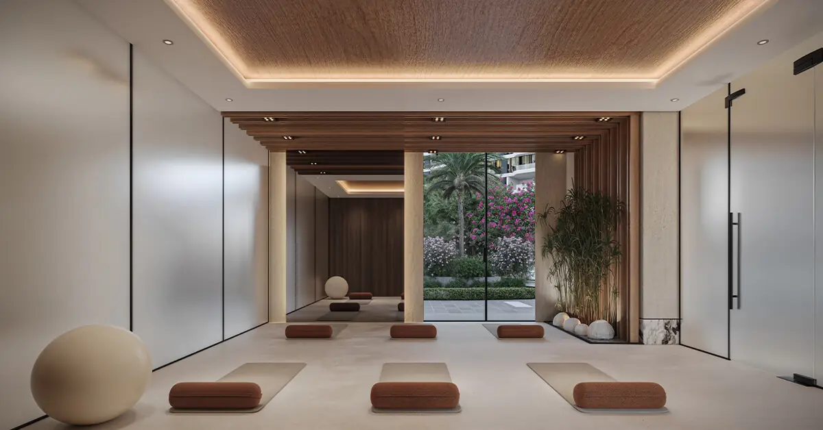 Mirasol II – yoga studio with mats and cushions opening onto a garden