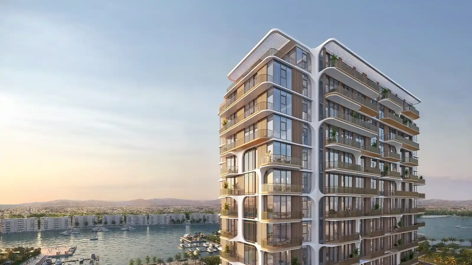 Nura – tower with curved balcony frames overlooking a marina and the water