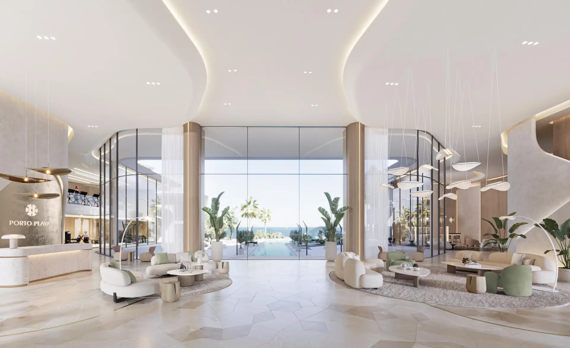 Porto Playa – lobby with lounge seating and full-height glazing towards the sea
