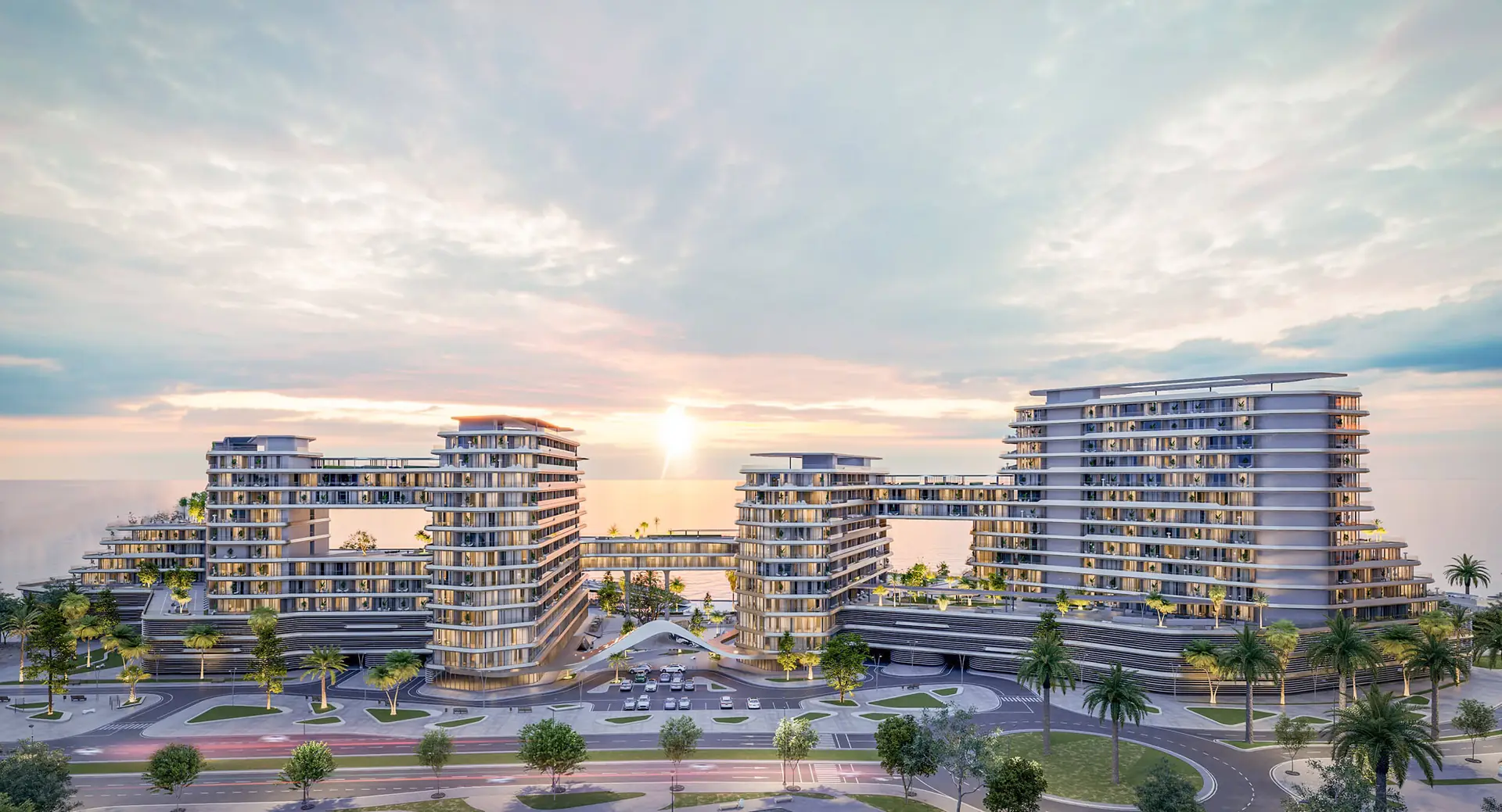 Quattro Del Mar – connected residential buildings with landscaped grounds at sunset