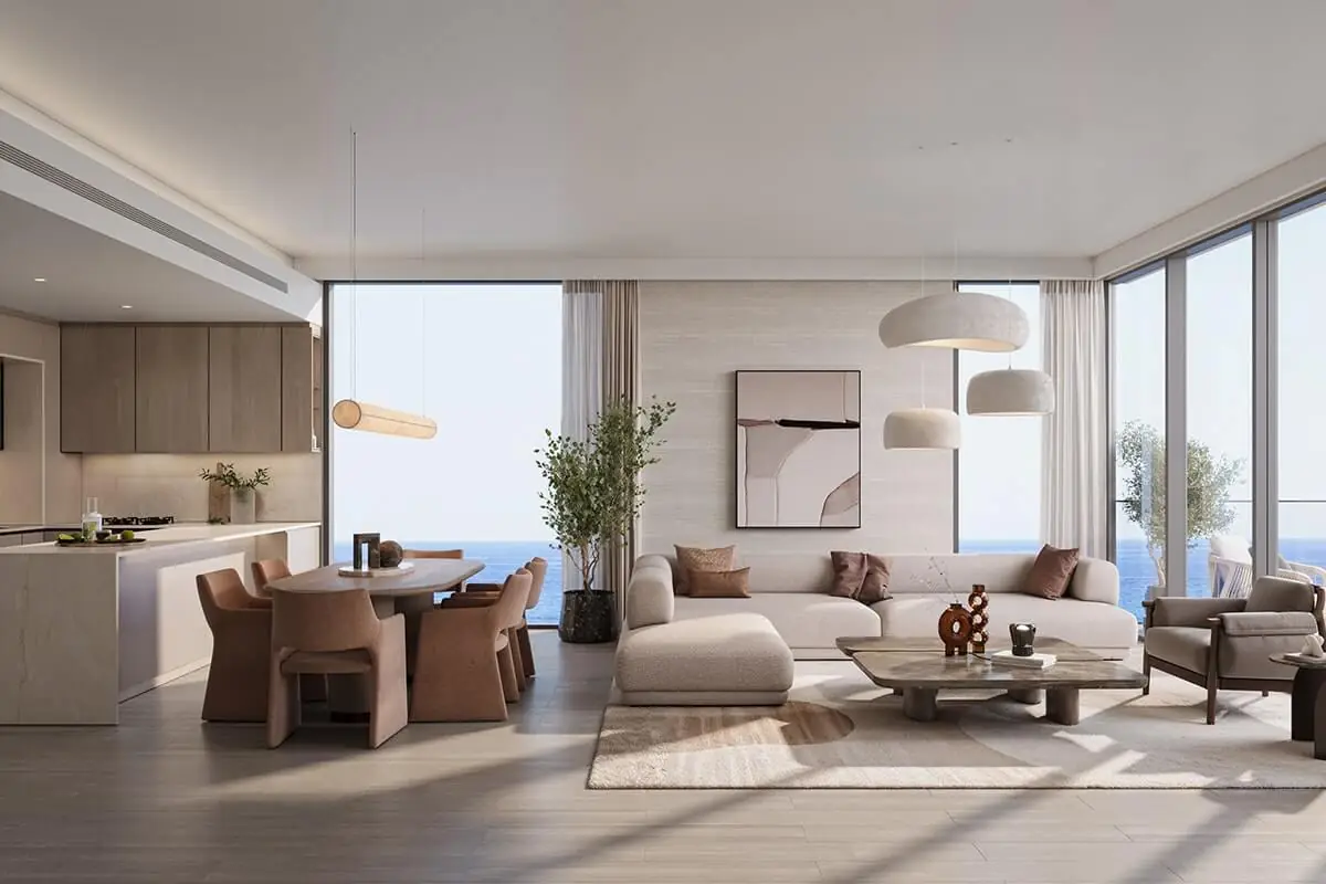 SKAI – open-plan living room with dining table, kitchen and sea view