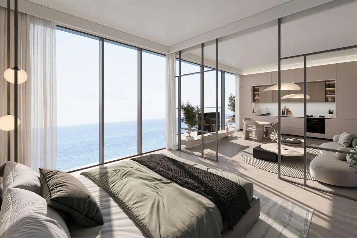 SKAI – bedroom with glass partition to the living area and sea view