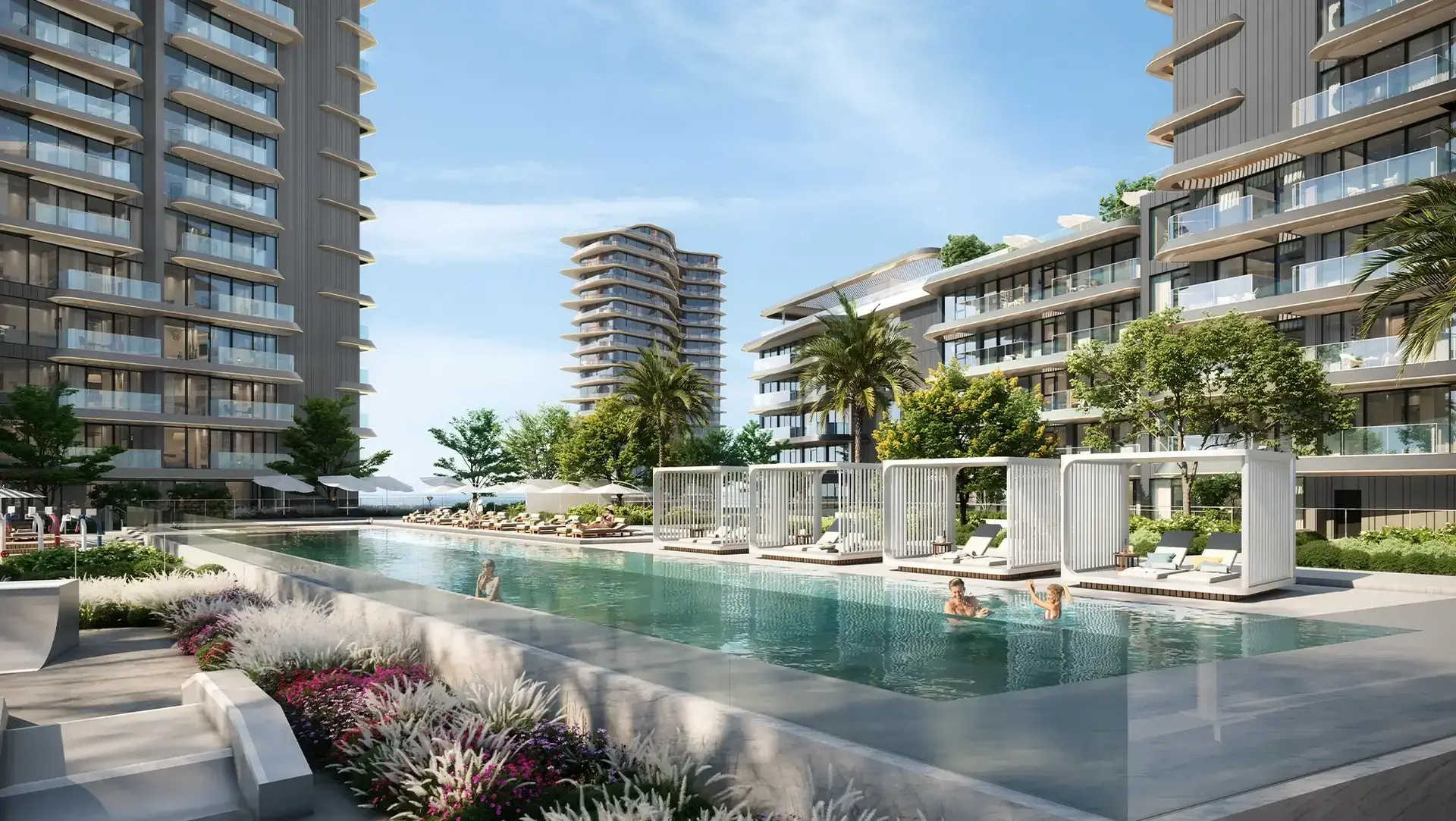Solera – infinity pool deck with cabanas and loungers between residential buildings
